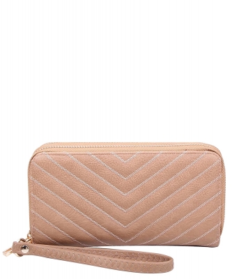 Chevron Quilted Double Zip Around Wallet Wristlet QA0012 STONE